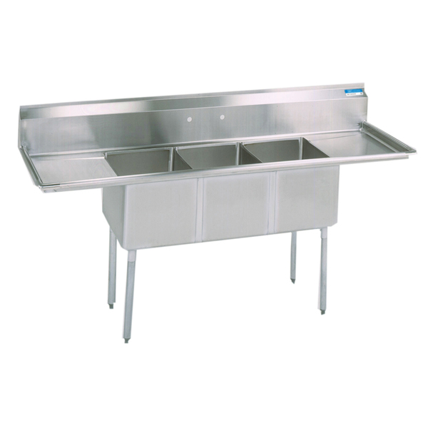 Bk Resources 25.8125 in W x 84 in L x Free Standing, Stainless Steel, Three Compartment Sink BKS-3-1620-12-18T